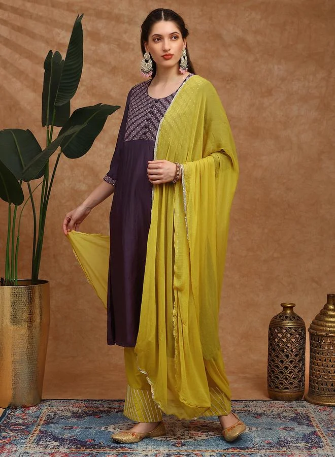 globus Women Purple Embroidered Yoke Kurta with Gotta Lace Wide Leg Pants and Dupatta Set